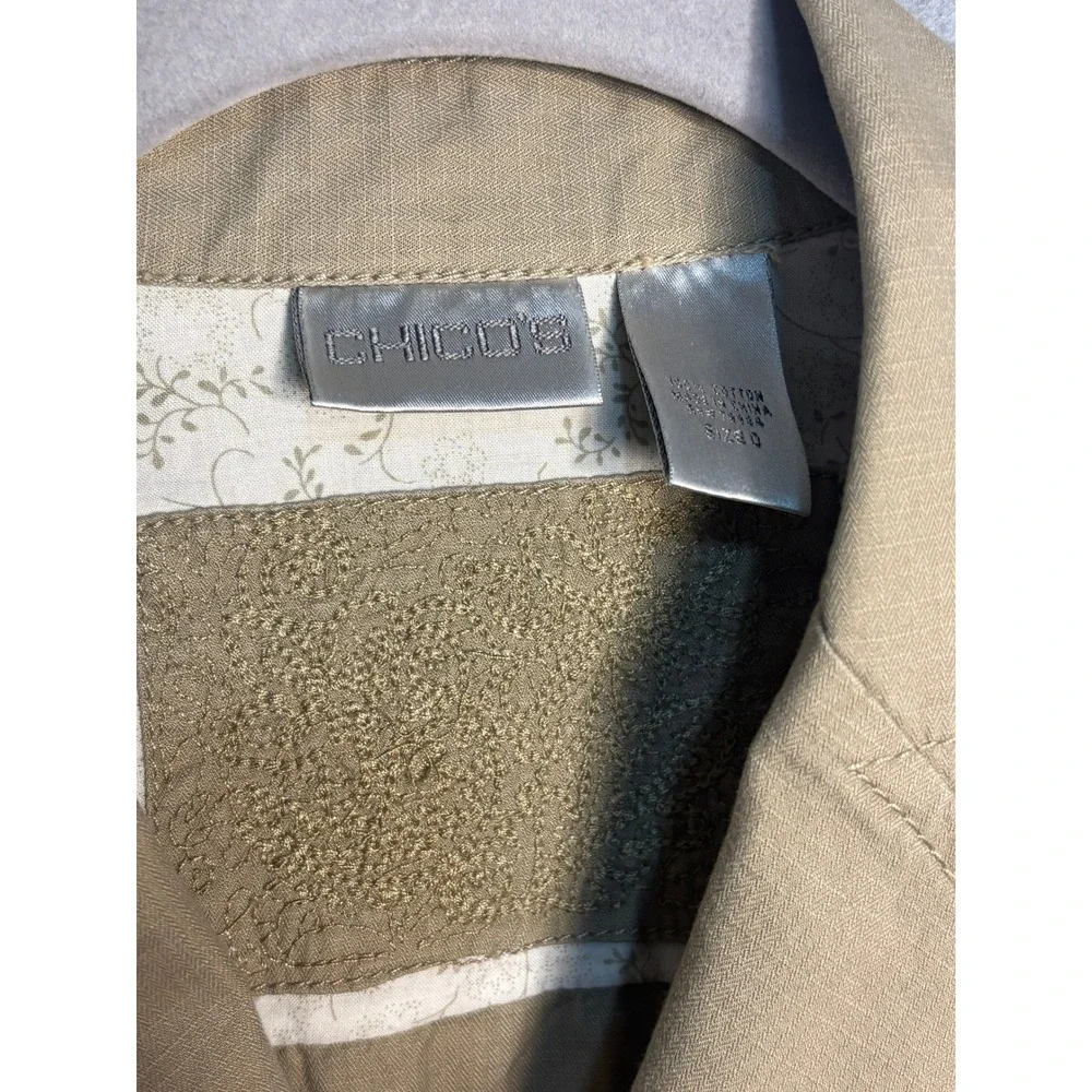 Chico's Embroidered Utility Jacket Beige Cotton Blazer Coat‎ Size 0 S